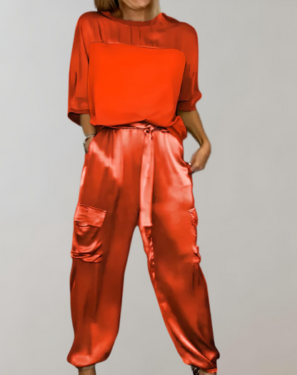 Conjunto Mujer Satén Blusa Fluida Pantalón Talle Alto
