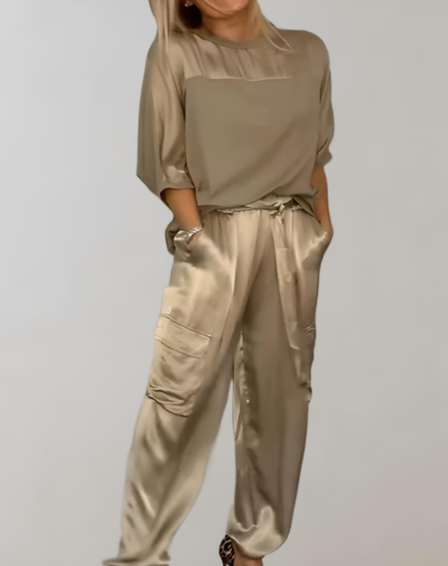 Conjunto Mujer Satén Blusa Fluida Pantalón Talle Alto