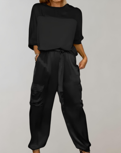 Conjunto Mujer Satén Blusa Fluida Pantalón Talle Alto