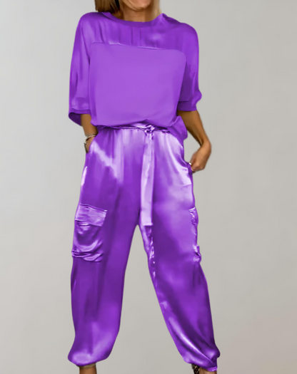 Conjunto Mujer Satén Blusa Fluida Pantalón Talle Alto