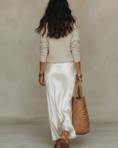 Vestido Midi Mujer Satinado Ajuste Conjunto Suéter