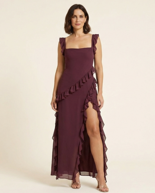 Vestido Largo Mujer con Volantes y Abertura - Mavetta
