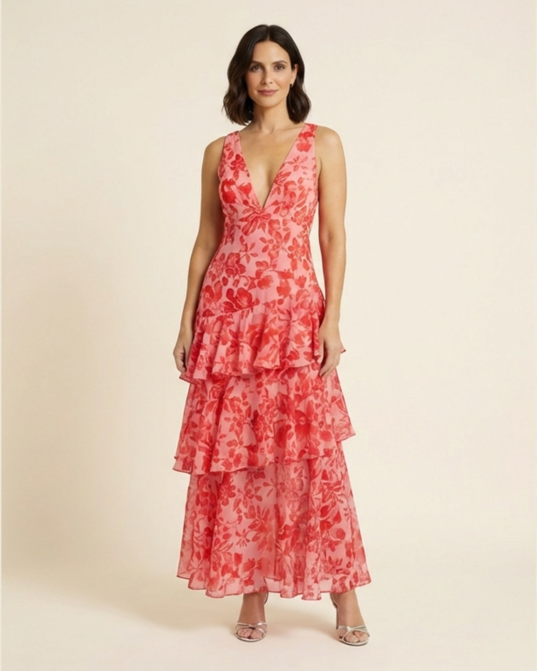 Vestido largo mujer de tela ligera con volantes - Mavetta
