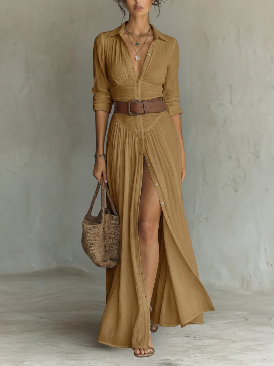 Vestido maxi mujer camisero lino y algodón