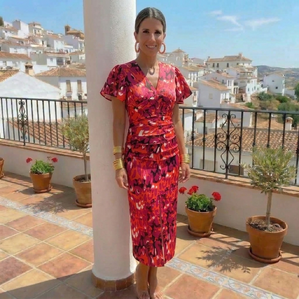 Vestido Midi Mujer Estampado Escote en V Manga Abullonada Drapeado