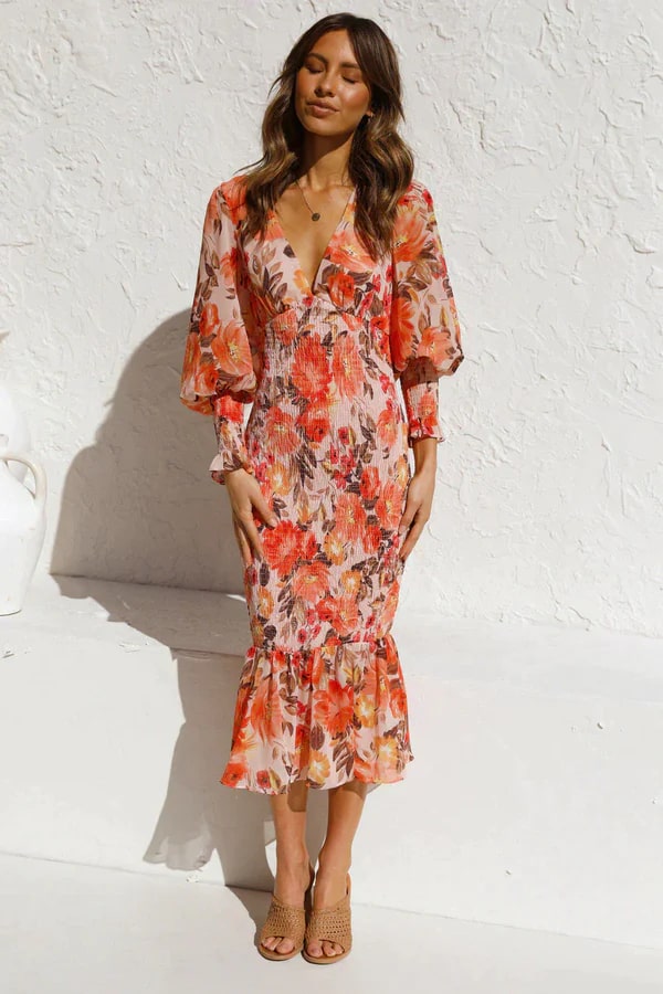 Vestido midi mujer de tela ligera mangas anchas
