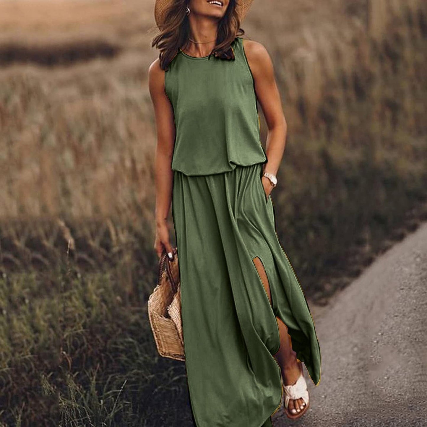 Vestido maxi mujer sin mangas abertura lateral elegante