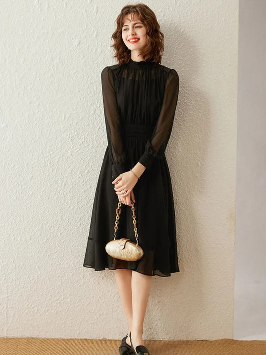 Vestido midi mujer Cuello alto Mangas transparentes - Mavetta