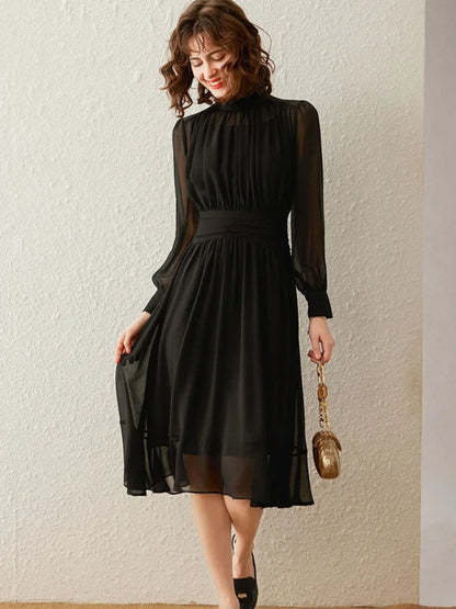 Vestido midi mujer Cuello alto Mangas transparentes