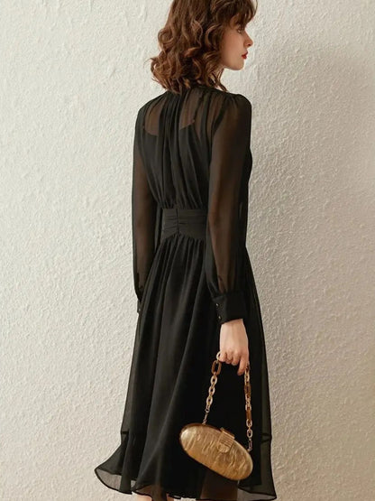 Vestido midi mujer Cuello alto Mangas transparentes