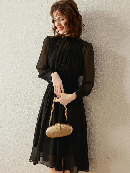 Vestido midi mujer Cuello alto Mangas transparentes