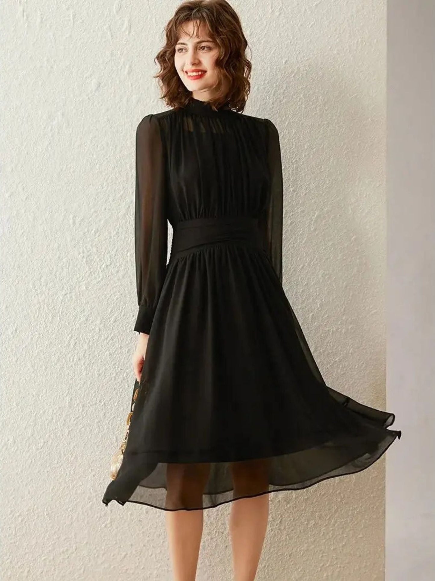 Vestido midi mujer Cuello alto Mangas transparentes
