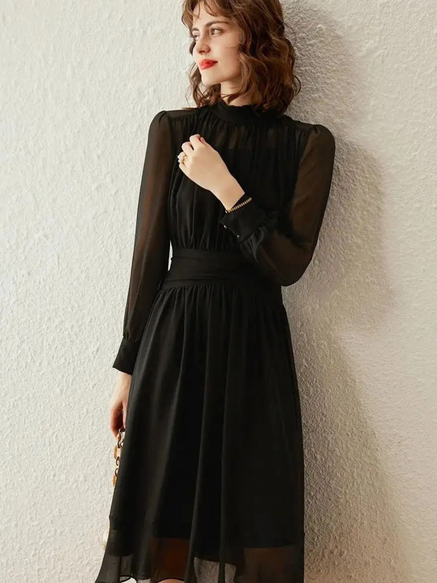 Vestido midi mujer Cuello alto Mangas transparentes