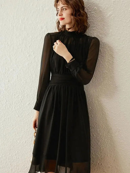 Vestido midi mujer Cuello alto Mangas transparentes