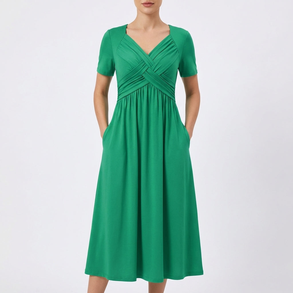 Vestido Midi Mujer Escote en V Manga Corta