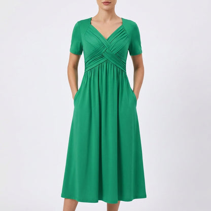 Vestido Midi Mujer Escote en V Manga Corta