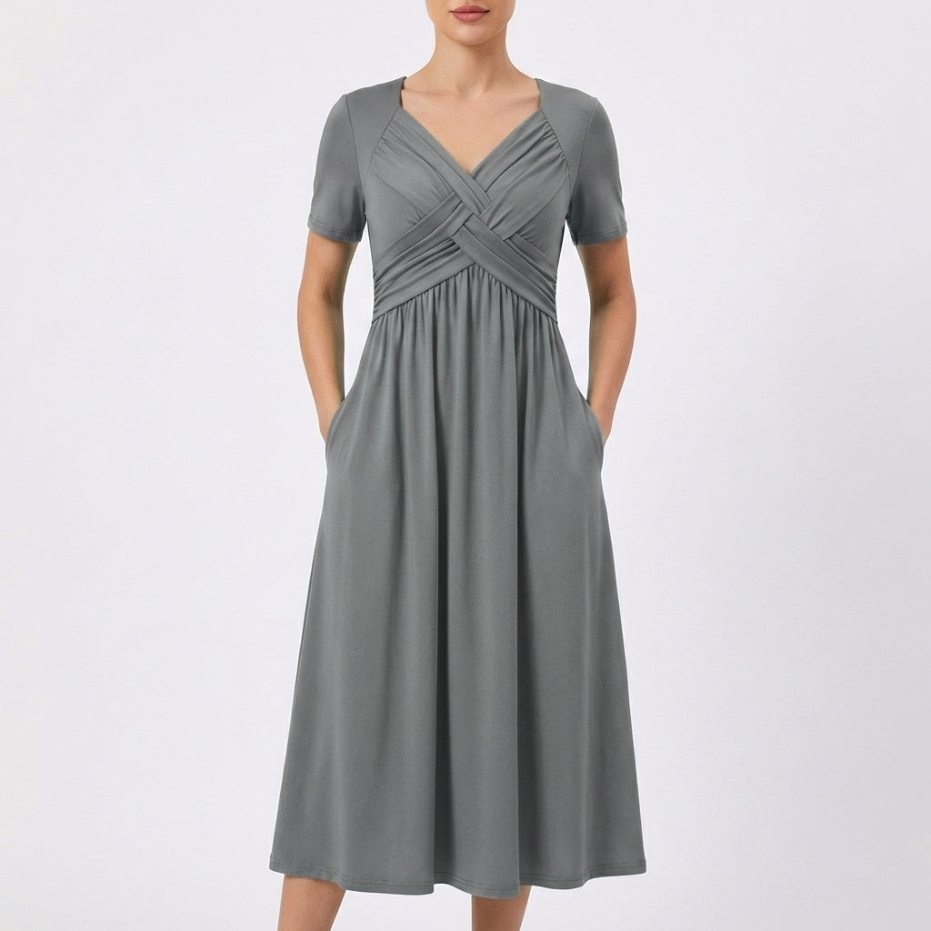 Vestido Midi Mujer Escote en V Manga Corta