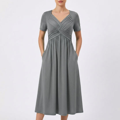 Vestido Midi Mujer Escote en V Manga Corta