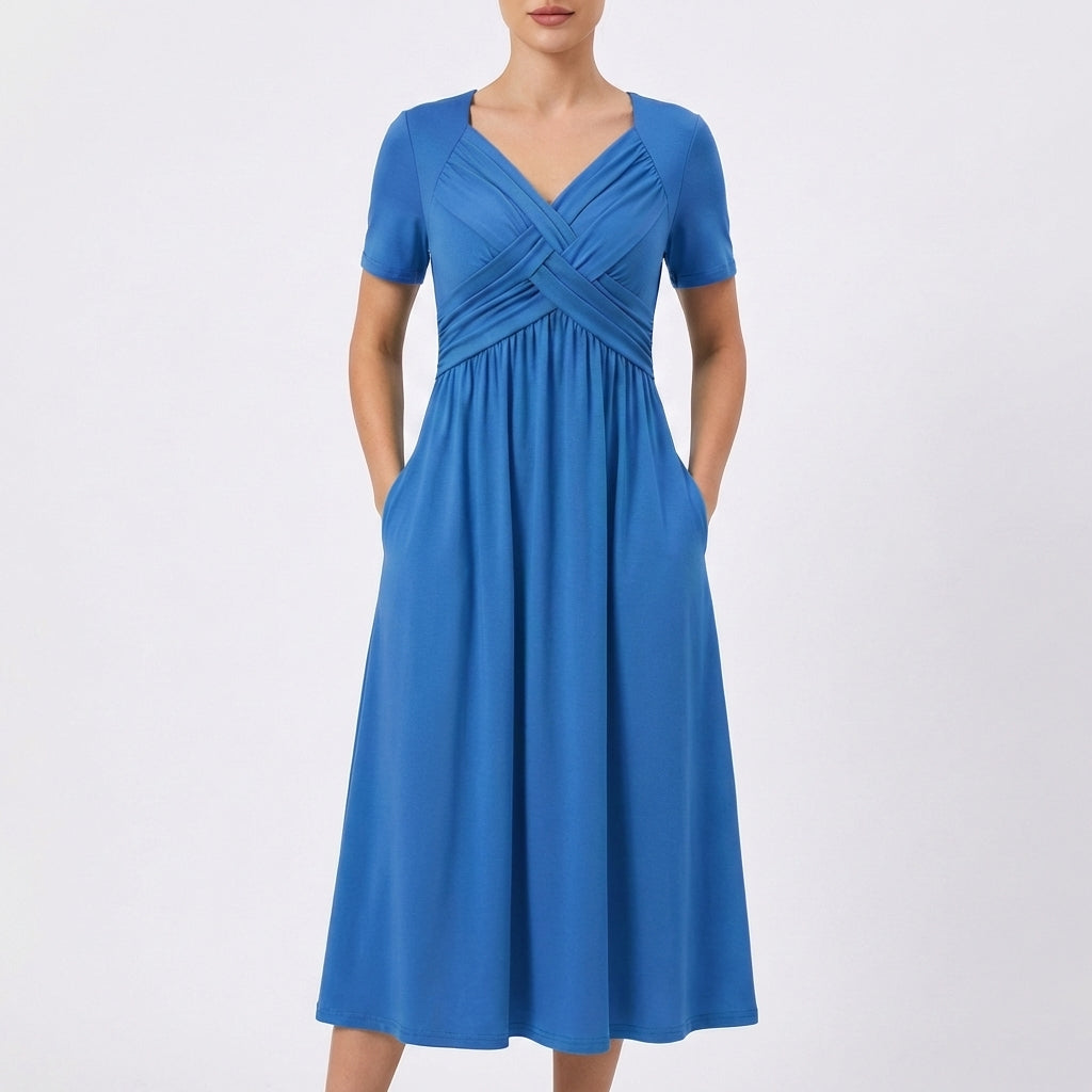 Vestido Midi Mujer Escote en V Manga Corta