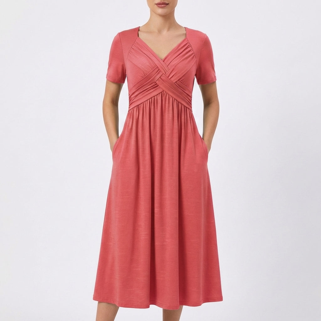 Vestido Midi Mujer Escote en V Manga Corta