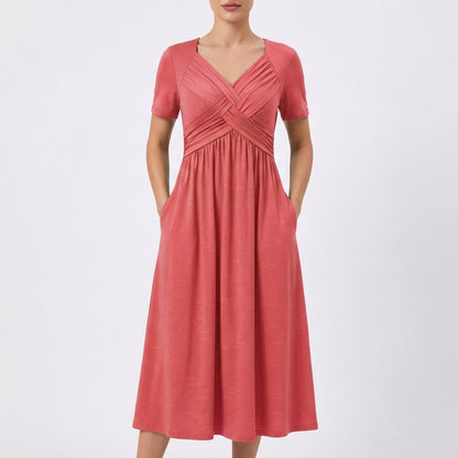 Vestido Midi Mujer Escote en V Manga Corta