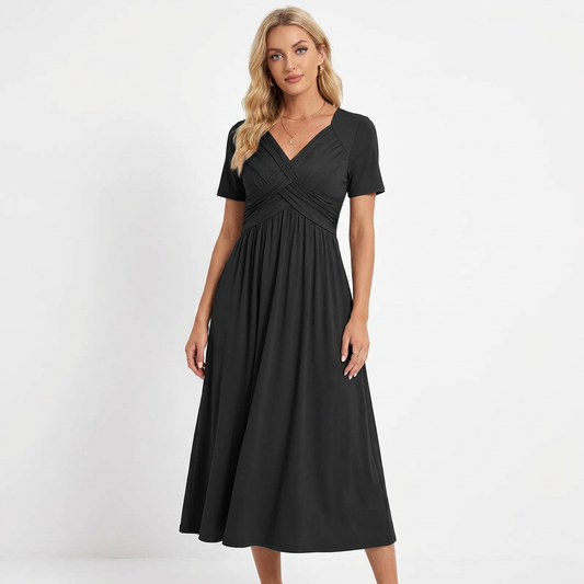 Vestido Midi Mujer Escote en V Manga Corta - Mavetta