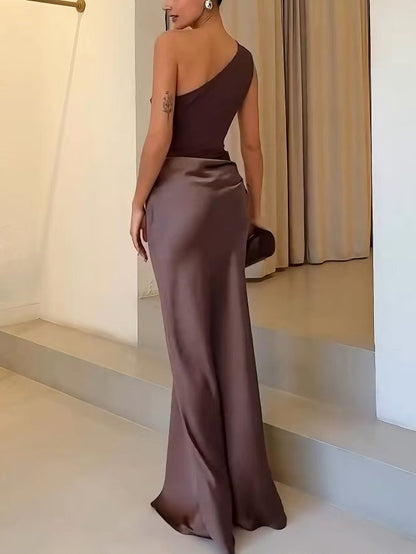Vestido maxi Mujer Drapeado Asimétrico Fiesta Elegante