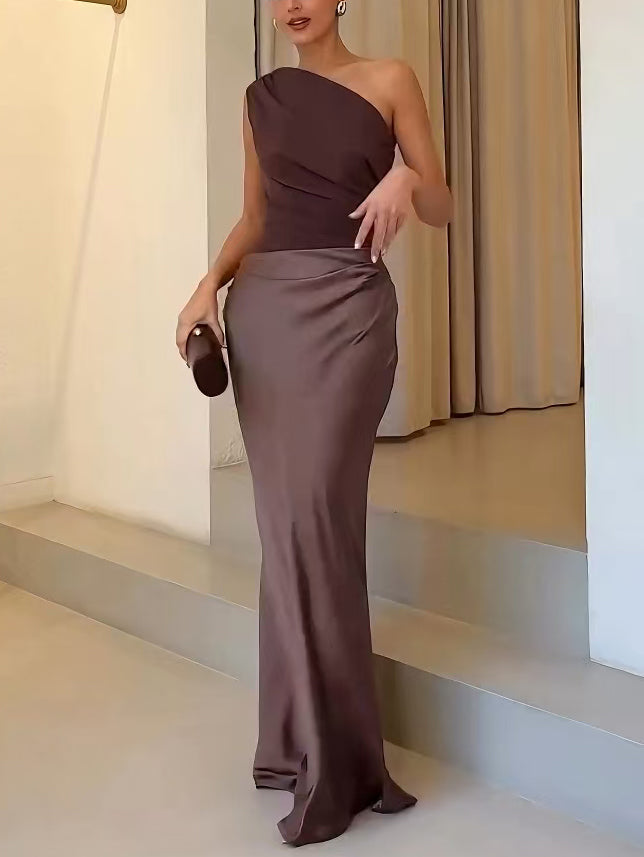 Vestido maxi mujer de un hombro con cuello plisado elegante