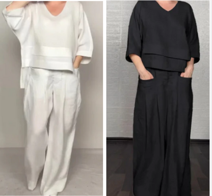 Conjunto Mujer de Algodón y Lino Escote en V Pantalón Ancho