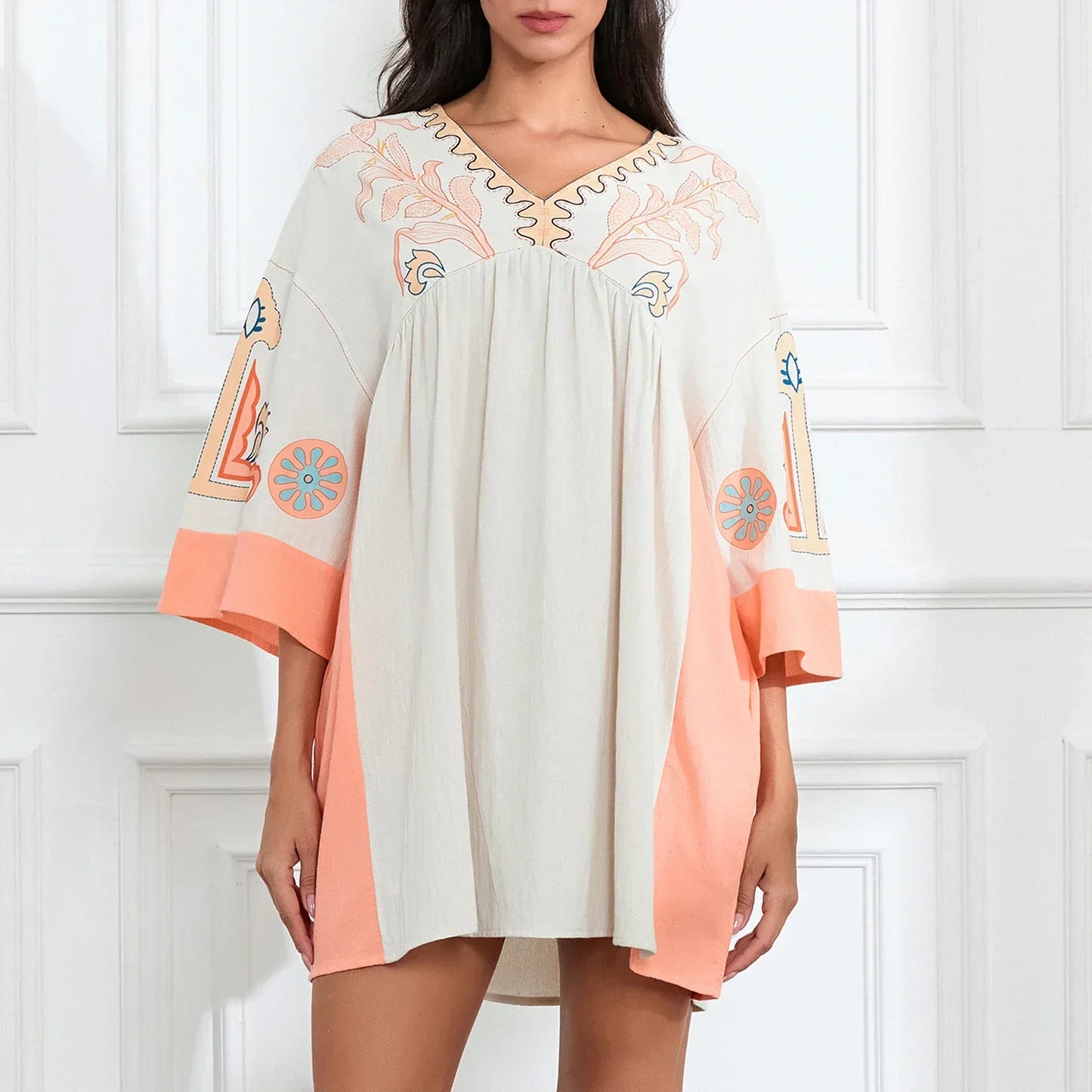 Vestido túnica mujer con bordados escote en V