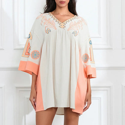 Vestido túnica mujer con bordados escote en V