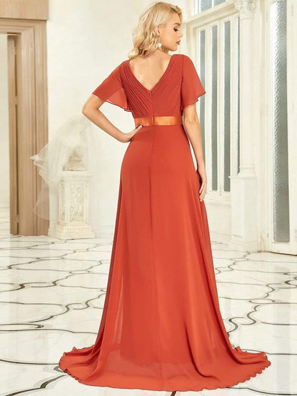 Vestido largo Mujer de gasa con cintura imperio y mangas cortas
