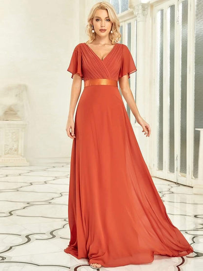 Vestido largo Mujer de gasa con cintura imperio y mangas cortas