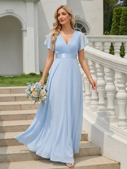Vestido largo Mujer de gasa con cintura imperio y mangas cortas