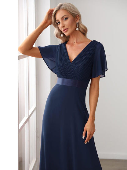 Vestido largo Mujer de gasa con cintura imperio y mangas cortas