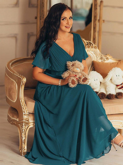 Vestido largo Mujer de gasa con cintura imperio y mangas cortas