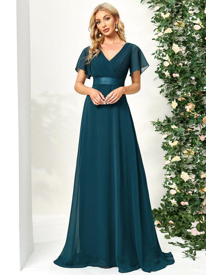 Vestido largo Mujer de gasa con cintura imperio y mangas cortas