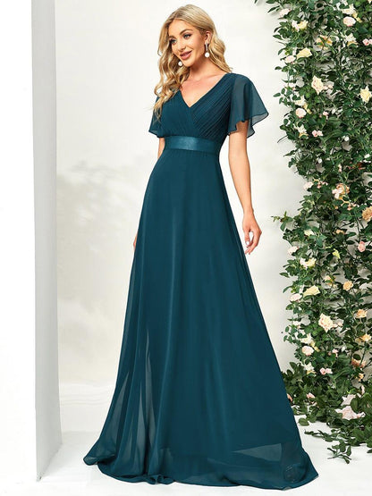 Vestido largo Mujer de gasa con cintura imperio y mangas cortas