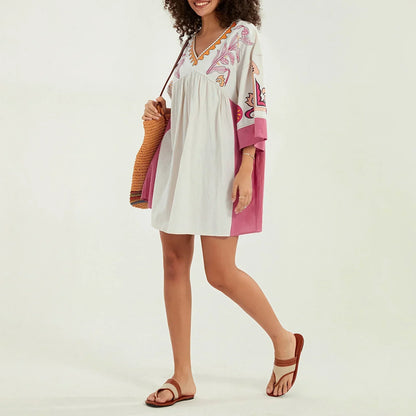 Vestido túnica mujer con bordados escote en V