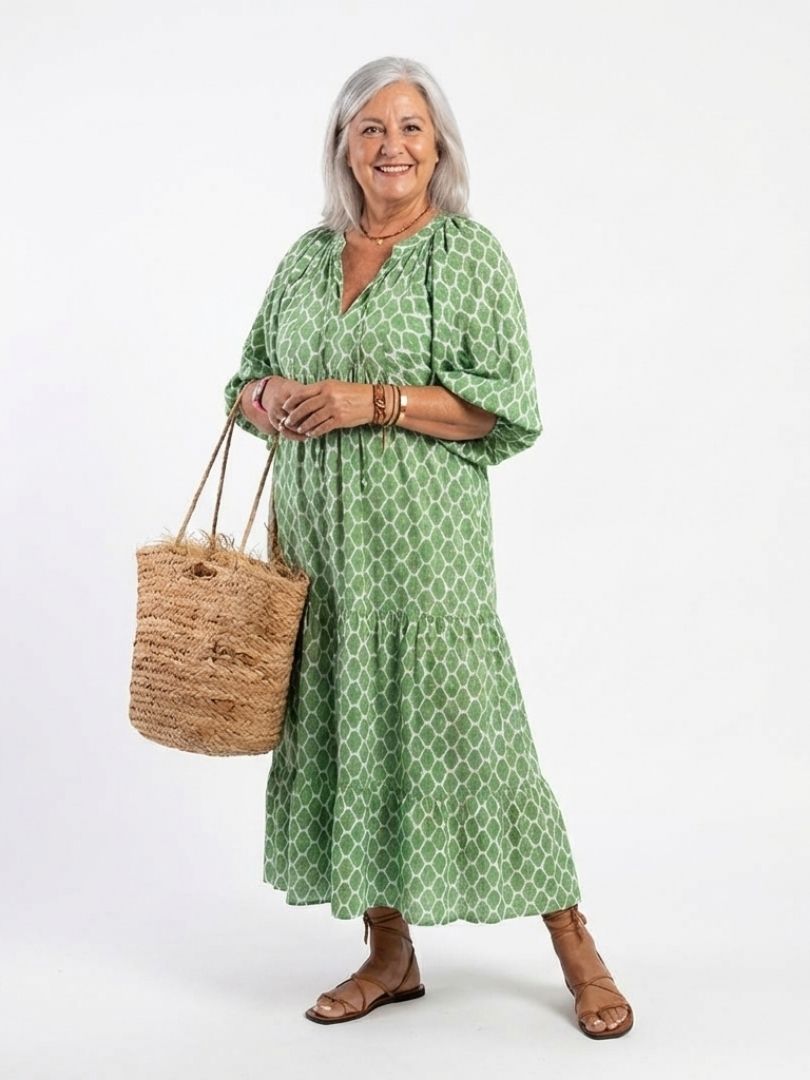 Vestido midi mujer Manga tres cuartos Escote en V Holgado