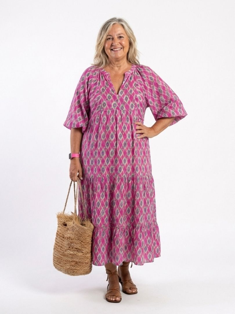 Vestido midi mujer Manga tres cuartos Escote en V Holgado