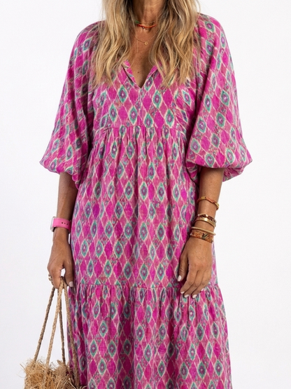 Vestido midi mujer Manga tres cuartos Escote en V Holgado