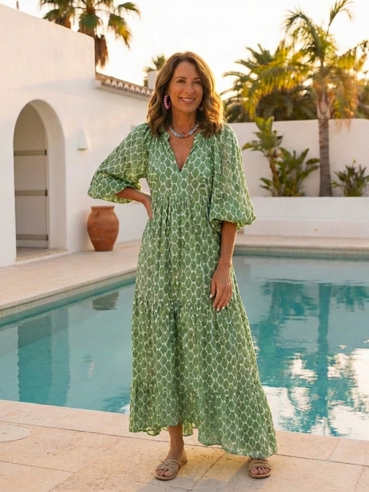 Vestido midi mujer Manga tres cuartos Escote en V Holgado - Mavetta