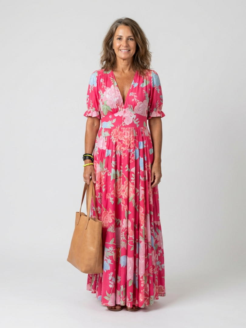 Vestido midi mujer de tela fresca cuello en V elegante