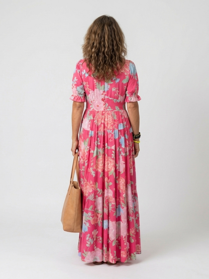 Vestido midi mujer de tela fresca cuello en V elegante