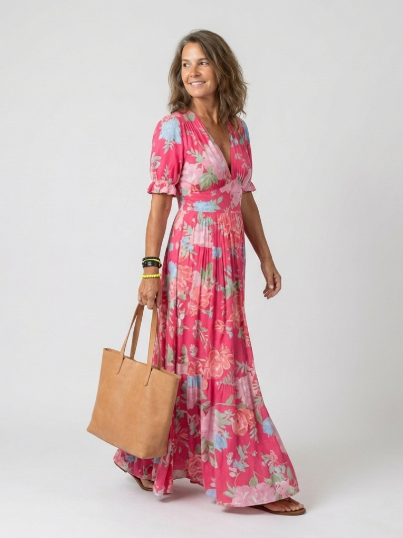 Vestido midi mujer de tela fresca cuello en V elegante