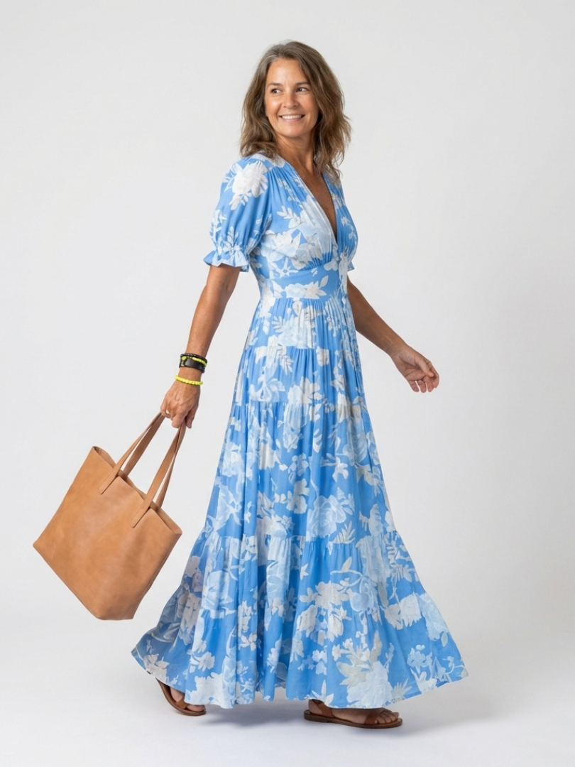 Vestido midi mujer de tela fresca cuello en V elegante