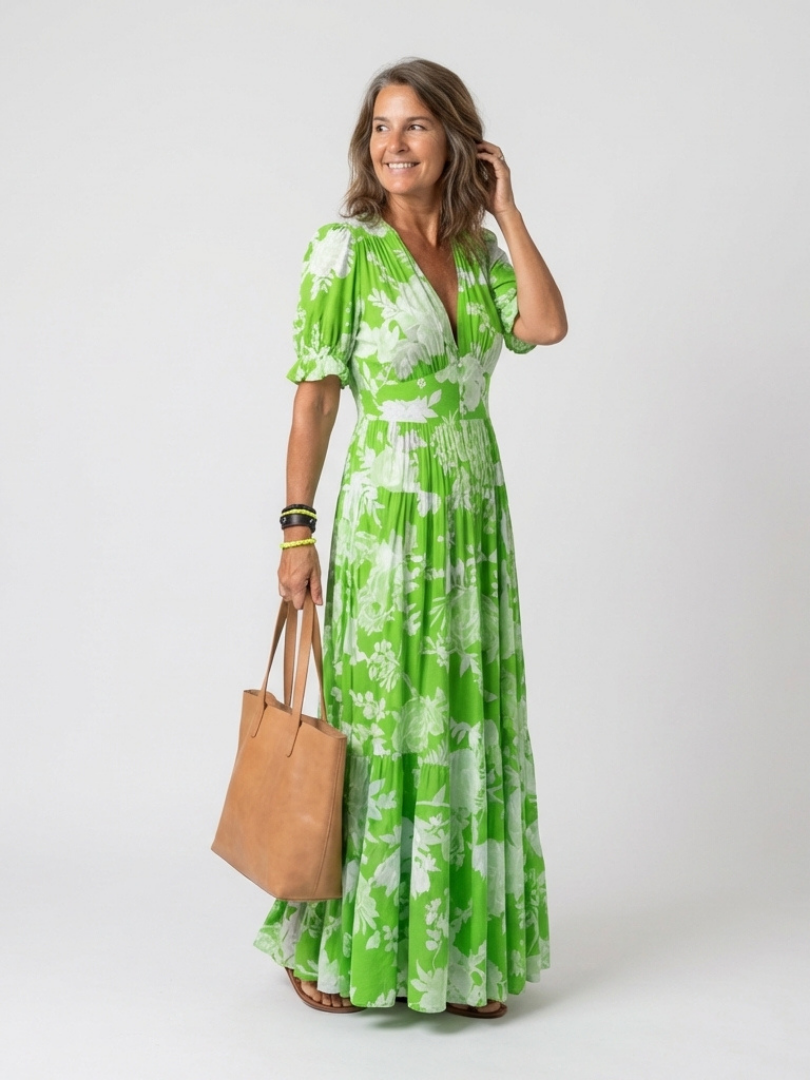 Vestido midi mujer de tela fresca cuello en V elegante
