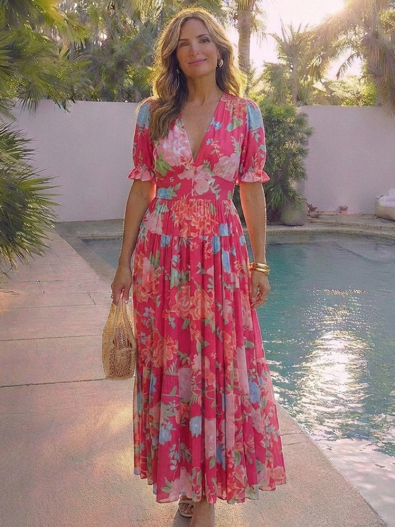 Vestido midi mujer de tela fresca cuello en V elegante