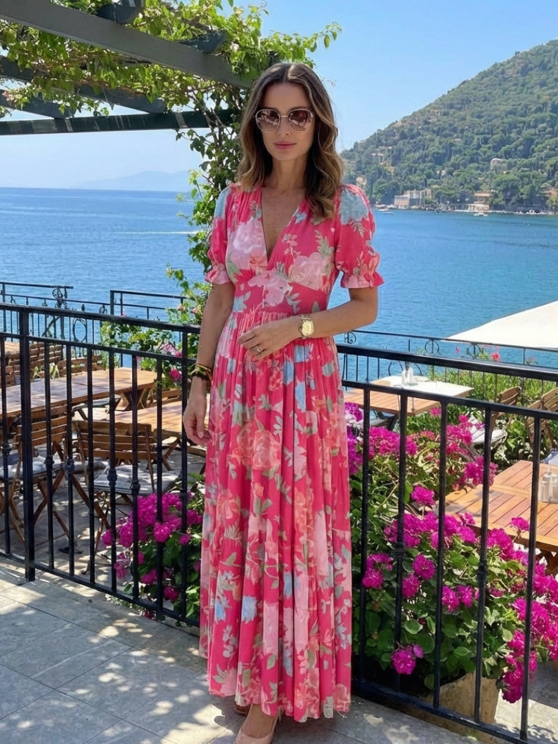 Vestido midi mujer de tela fresca cuello en V elegante - Mavetta